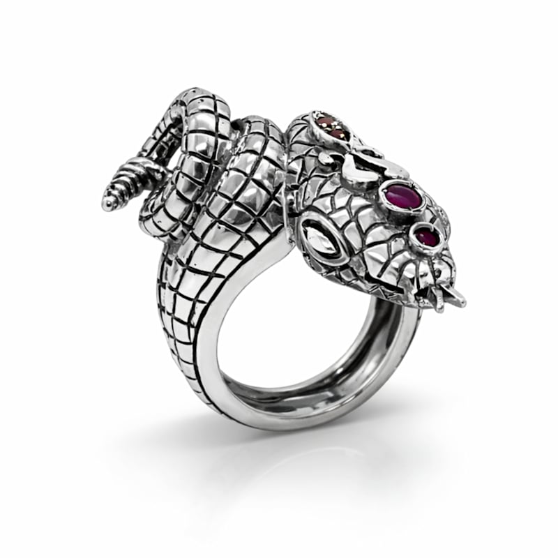 Thumbnail of Sterling Silver Snake Ring With Natural Rubies – Serpent Statement Ring, Luxury Italian Artisan Jewelry For Women image