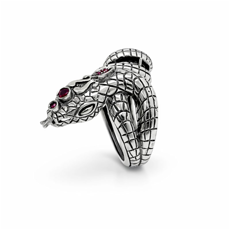 Thumbnail of Sterling Silver Snake Ring With Natural Rubies – Serpent Statement Ring, Luxury Italian Artisan Jewelry For Women image