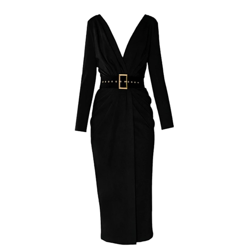 Women's Sting Midi Black Office Dress with Drapery and Textile Belt | Large | Alina Cernatescu Sting Midi Black Office Dress With Drapery And Textile Belt | Alina  Cernatescu | Wolf \u0026 Badger