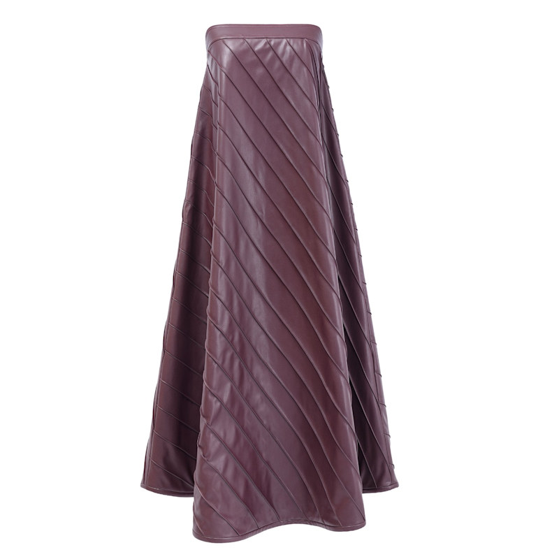 Burgundy Red Faux Leather Strapless Maxi Dress  Diagonal Pleated Gown |  Kargede | Wolf & Badger