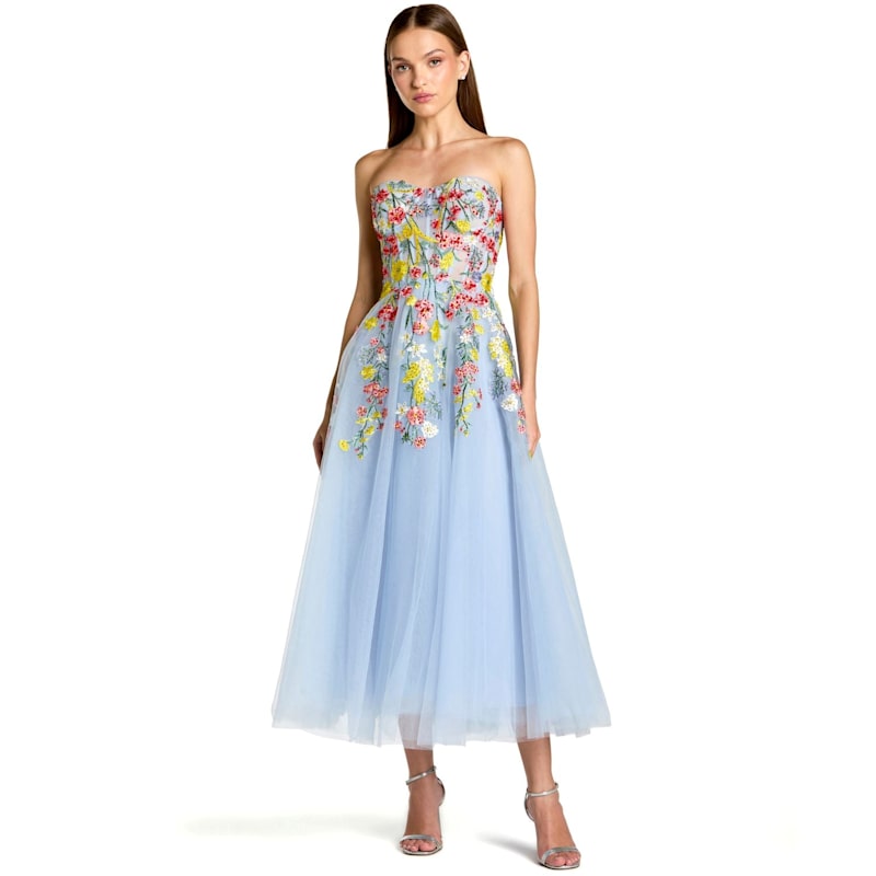 Strapless Floral Embroidered A-Line Midi Dress | Mac Duggal | Wolf & Badger