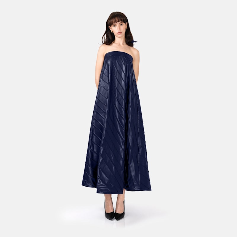 Navy Blue Faux Leather Strapless Maxi Dress  Diagonal Pleated Gown |  Kargede | Wolf & Badger