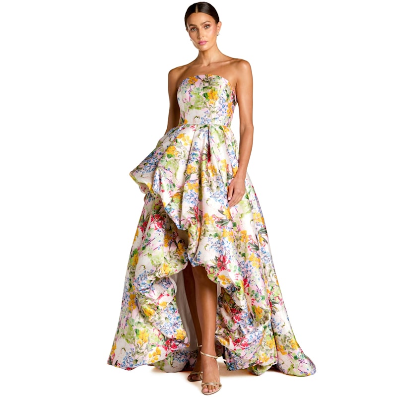 Thumbnail of Strapless Printed Mikado Bubble Hem High Low Gown image