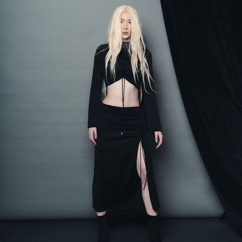 Thumbnail of Stria Crop Top And Midi Skirt Co-Ord Set In Black image