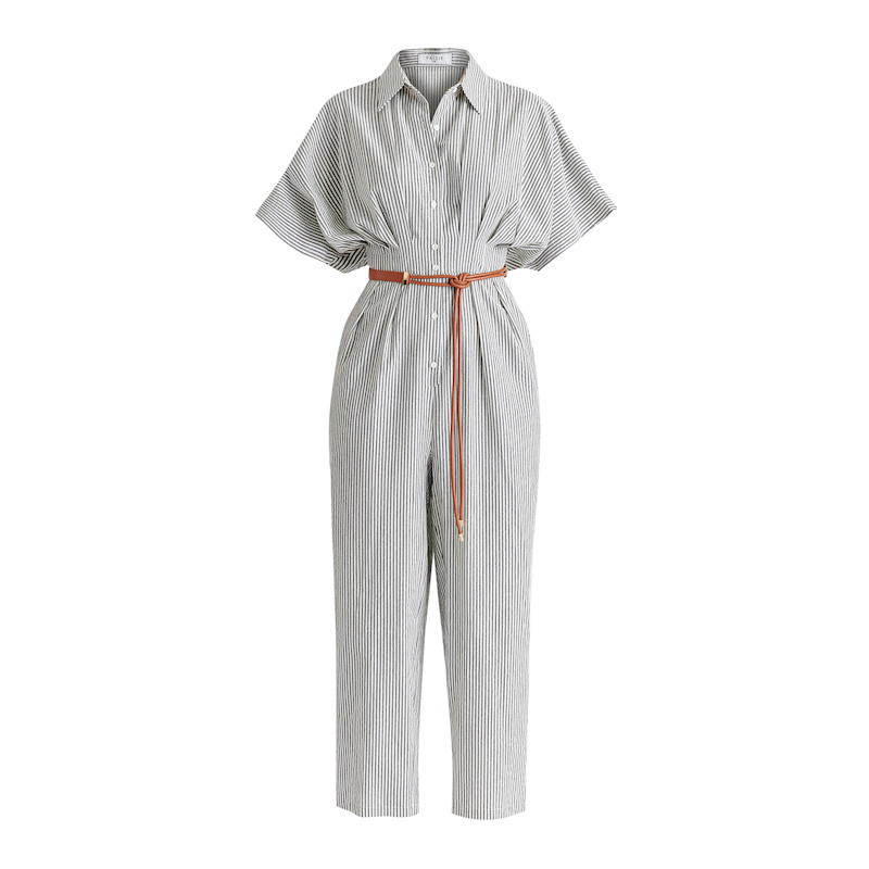 Thumbnail of Striped Jumpsuit With Waist Pleats In White And Black image