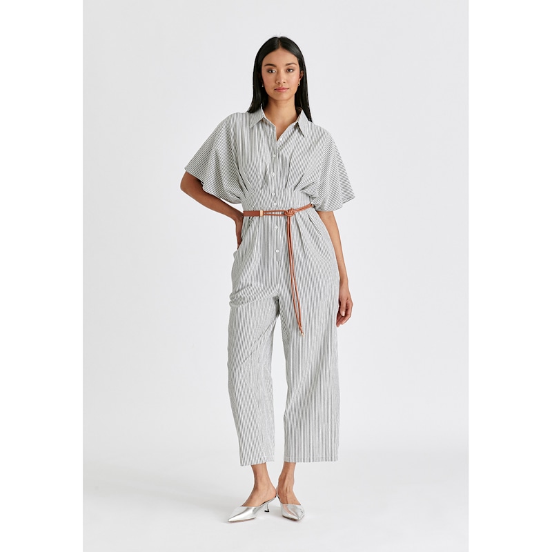 Thumbnail of Striped Jumpsuit With Waist Pleats In White And Black image