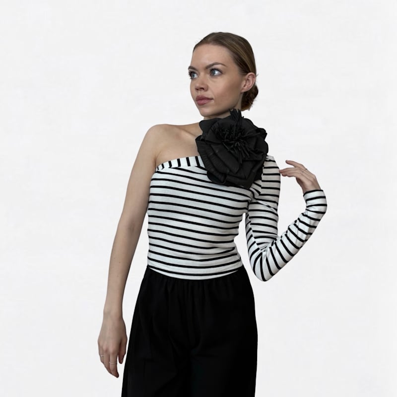 Striped One Sleeve Top With Black Flower Pin | London