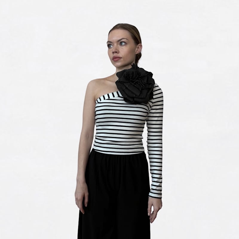Thumbnail of Striped One Sleeve Top With Black Flower Pin image
