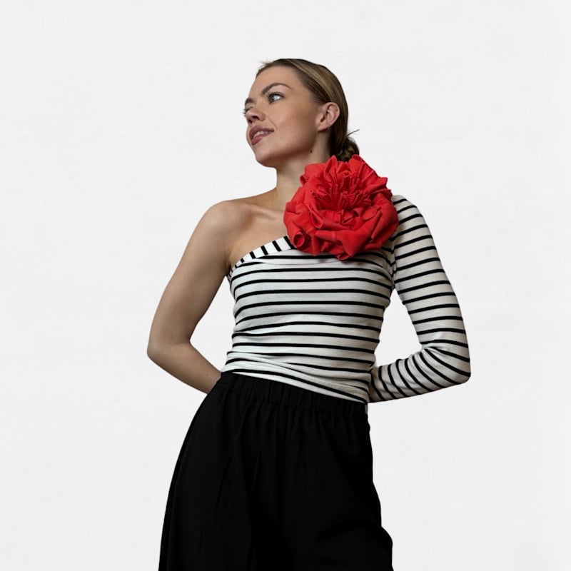 Striped One Sleeve Top With Red Flower Pin | London Atelier