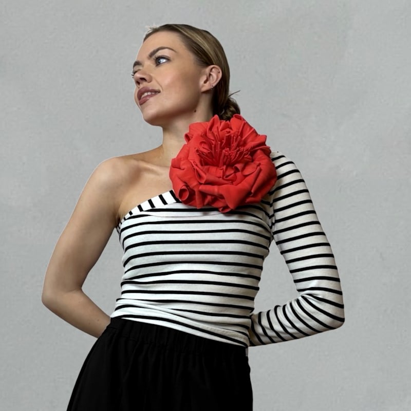 Thumbnail of Striped One Sleeve Top With Red Flower Pin image