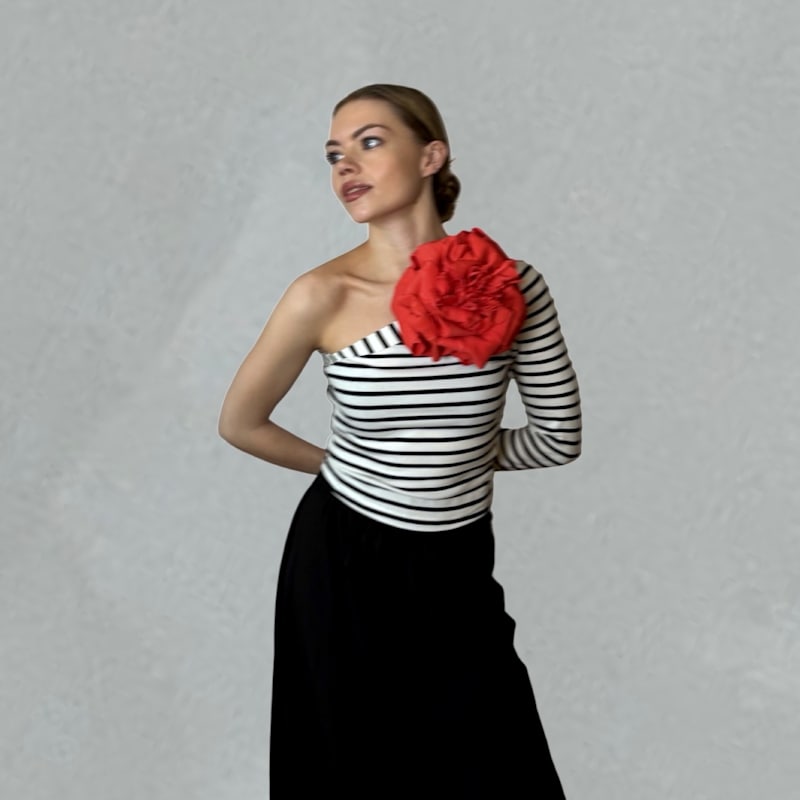 Thumbnail of Striped One Sleeve Top With Red Flower Pin image