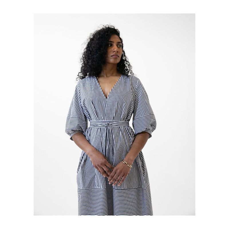 Striped Puff Sleeve Belted Midi Dress | Joeleen Torvick | Wolf & Badger