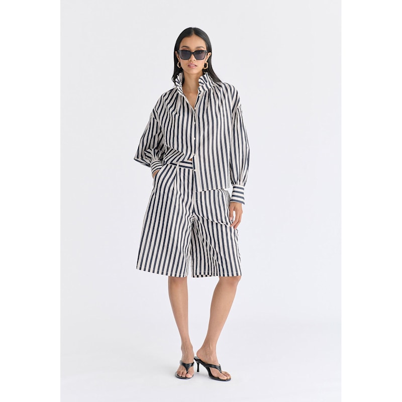 Thumbnail of Striped Puff Sleeve Shirt With Ruffled Collar In Cream And Black image
