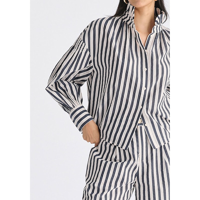 Thumbnail of Striped Puff Sleeve Shirt With Ruffled Collar In Cream And Black image