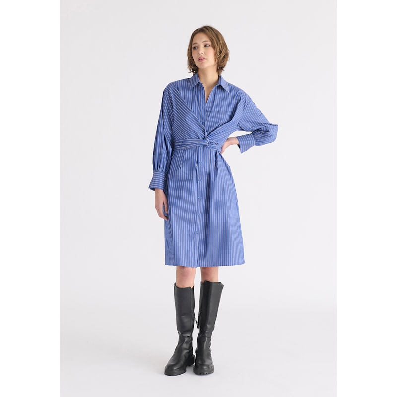 Striped Shirt Dress With Waist Tie In Blue & White | PAISIE