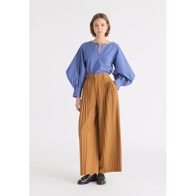 Thumbnail of Striped Volume Sleeve Blouse With Matching Belt In Blue & White Stripes image