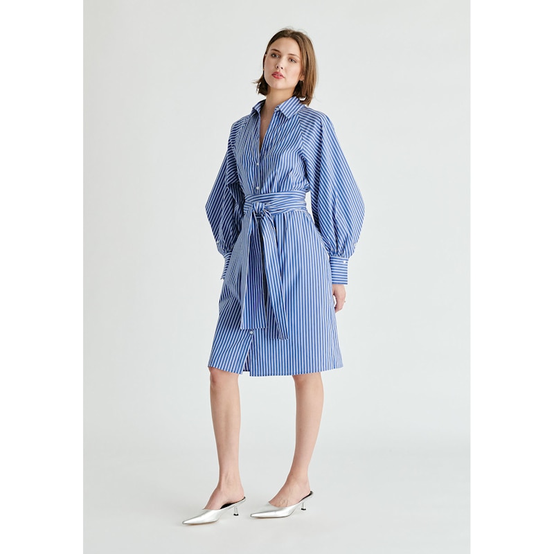 Striped Volume Sleeve Shirt Dress With Matching Tie Belt In Blue Stripes |  PAISIE | Wolf & Badger