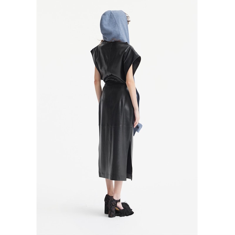 knee length dresses for ladies Cognac Shirred Faux Leather Strapless Midi Dress main image 0
