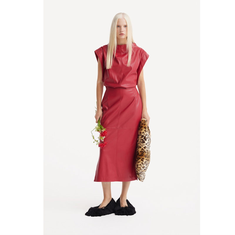 fitted lace wedding dress Faux Leather Belted Dress Red / XL