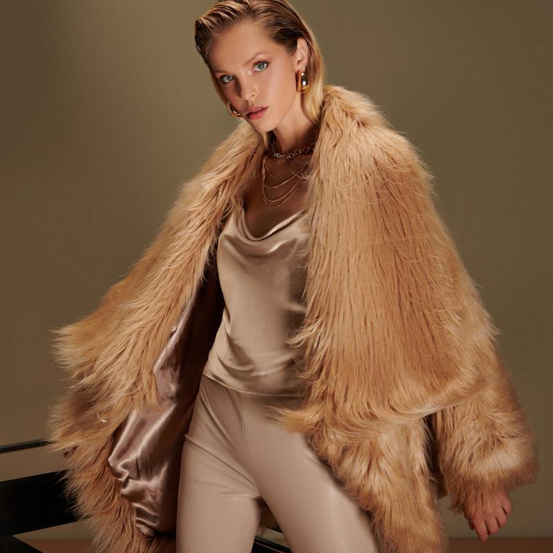 Thumbnail of Sugar Vegan Faux Fur Coat In Camel image