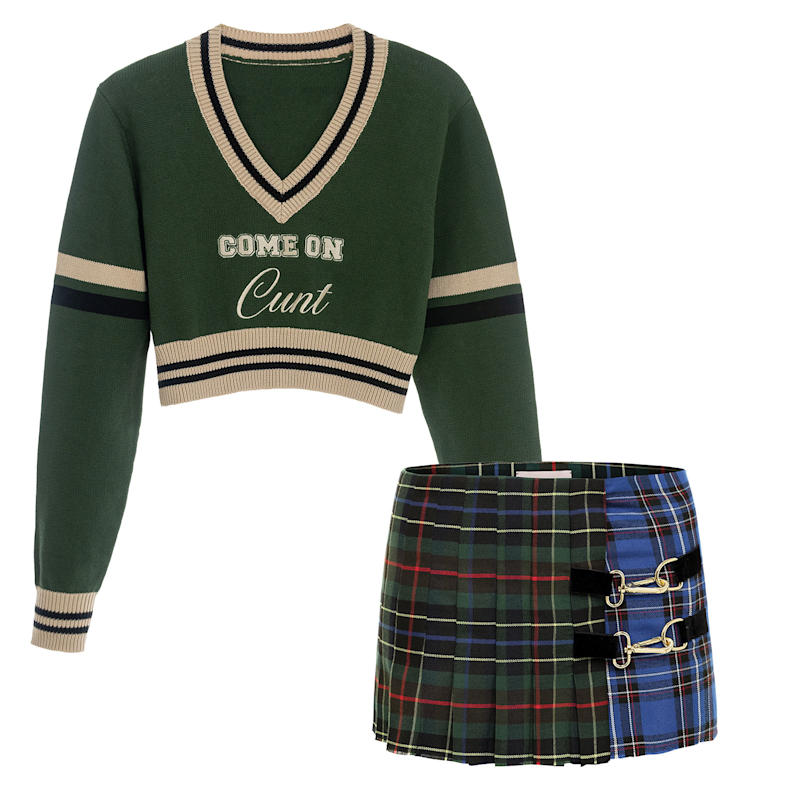Cunt Sweater With Jack Mini Tartan Green Skirt Outfit | Come On