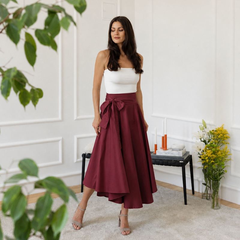 Thumbnail of Summer A-Line Midi Skirt With Bow In Burgundy Color image