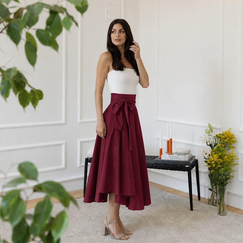 Thumbnail of Summer A-Line Midi Skirt With Bow In Burgundy Color image