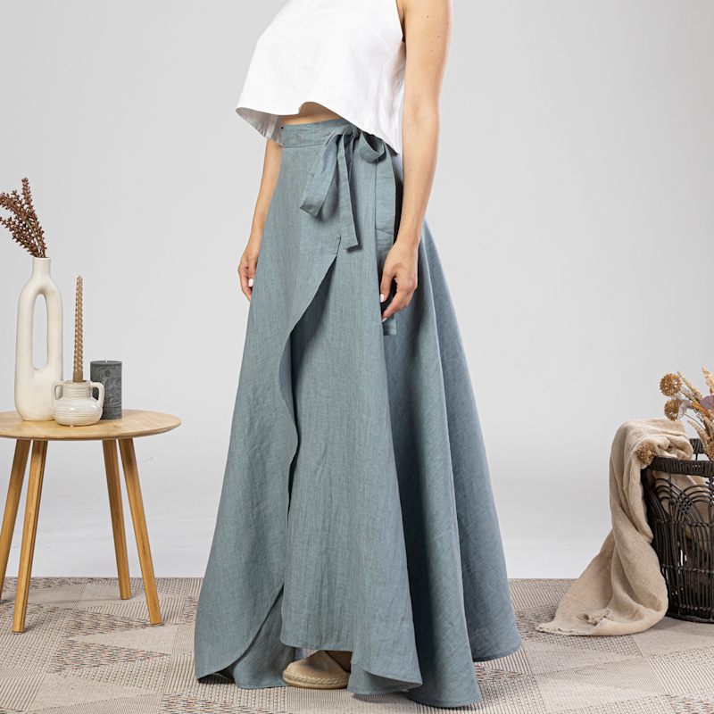 Thumbnail of Summer Beach Linen Wrap Skirt With Tie In Dusty Blue image