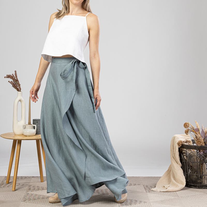 Thumbnail of Summer Beach Linen Wrap Skirt With Tie In Dusty Blue image