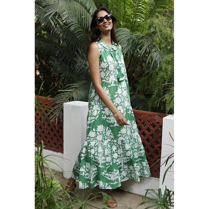 Summer Maxi Dress With Maxi Dress, Beach Dress, Green White Ikat  Cotton Emmy by La Mandarine