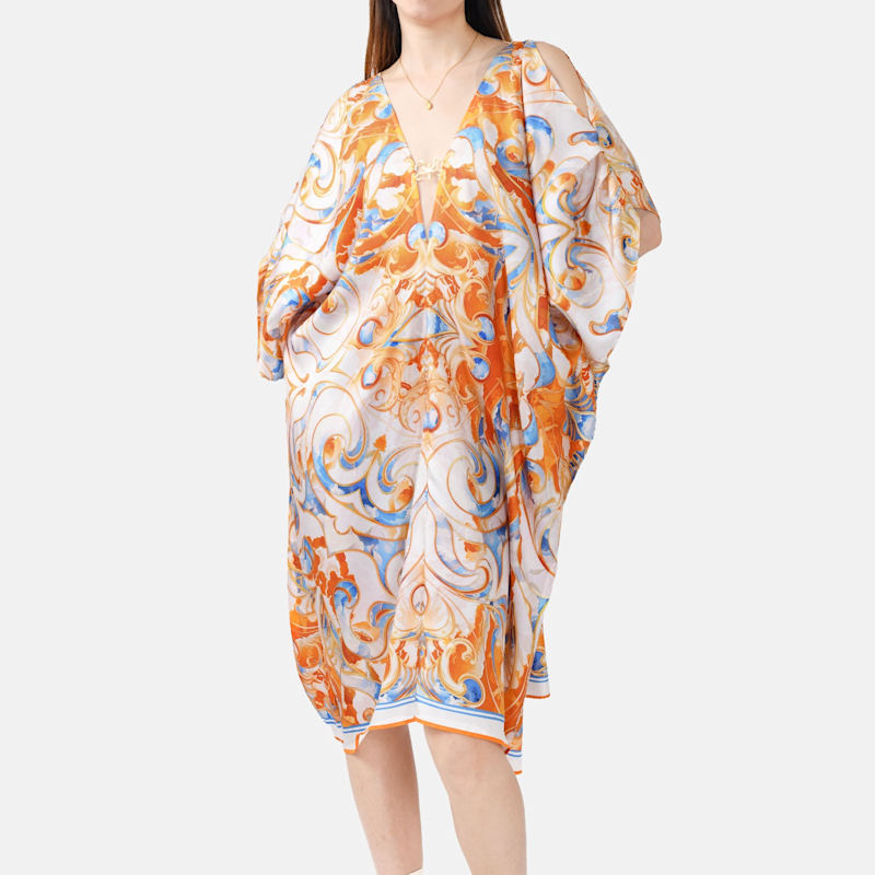 Thumbnail of Silk Kaftan Dress – Print In Orange & White image