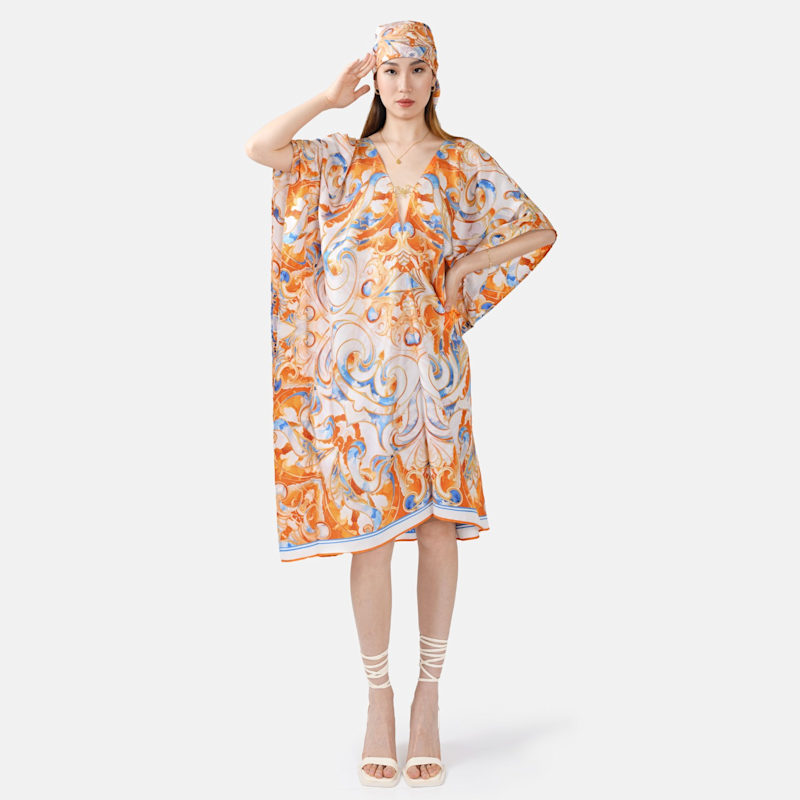 Thumbnail of Silk Kaftan Dress – Print In Orange & White image
