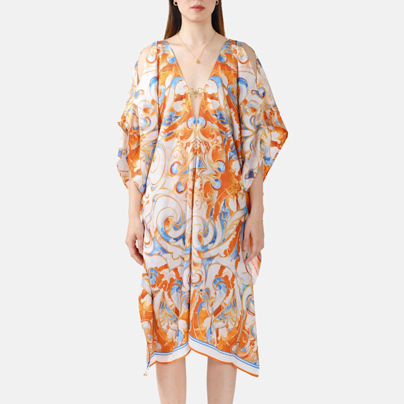 Thumbnail of Silk Kaftan Dress – Print In Orange & White image