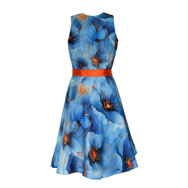Thumbnail of Sunset Bloom Blue Floral Dress With Orange Belt image