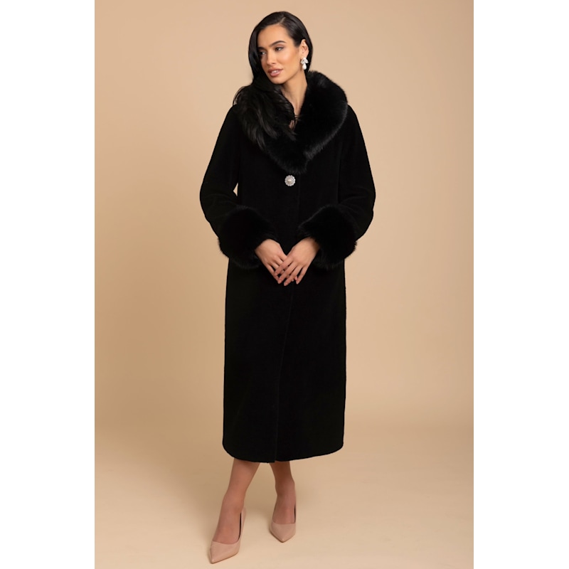Sunset Boulevard Long Wool Coat With Faux Fur Collar In Nero
