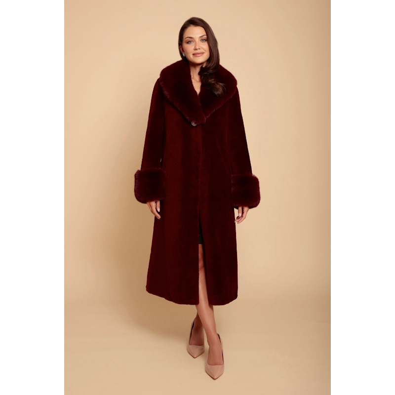 Thumbnail of 'Sunset Boulevard' Long Wool Coat With Faux Fur Collar In Rosso image