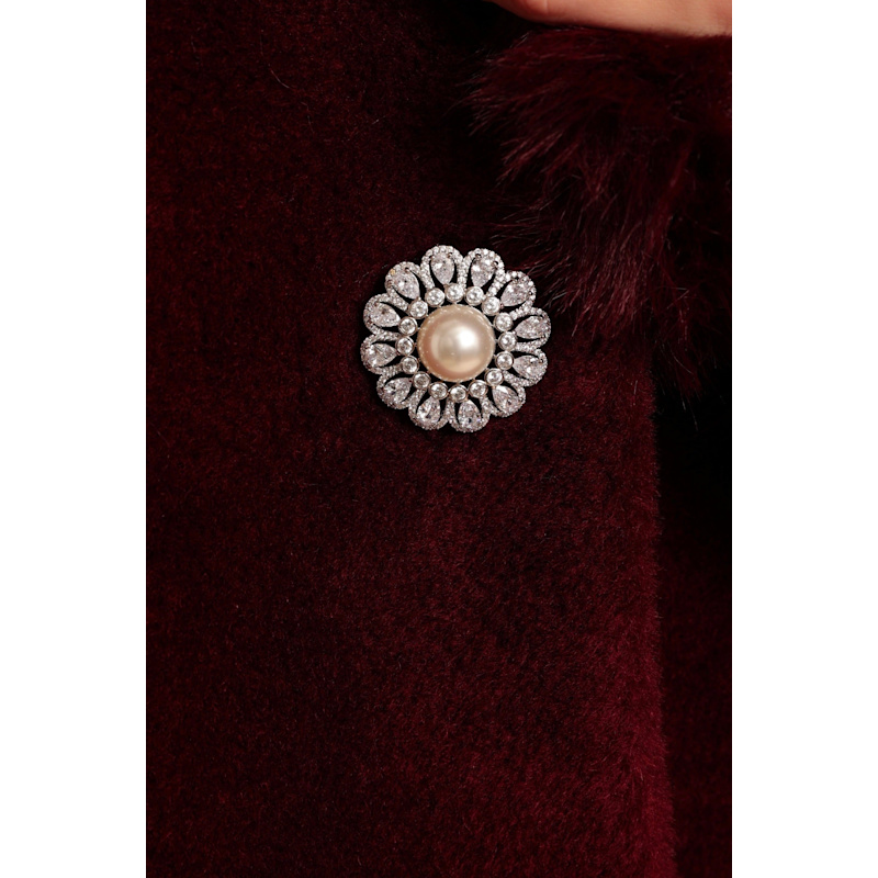 Thumbnail of 'Sunset Boulevard' Long Wool Coat With Faux Fur Collar In Rosso image