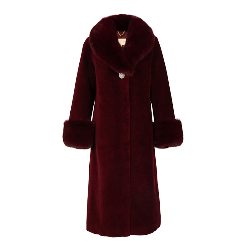 Thumbnail of 'Sunset Boulevard' Long Wool Coat With Faux Fur Collar In Rosso image