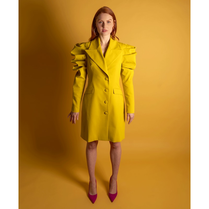 Thumbnail of Draped Sleeved Tailored Blazer Dress - Lime Yellow image