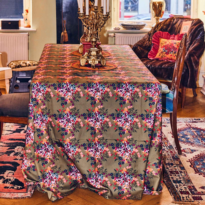 Thumbnail of Large Square Tablecloth With Bold Flower Print On Green And Pink image