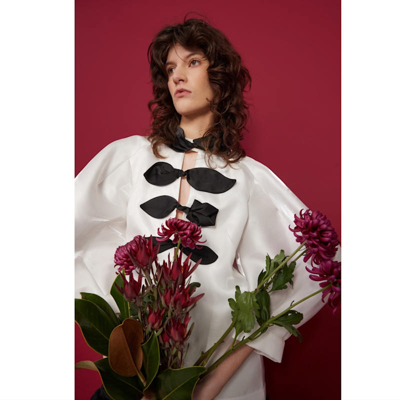 Thumbnail of Taffeta Deep V-Neck Blouse With Satin Floral Detail – White image