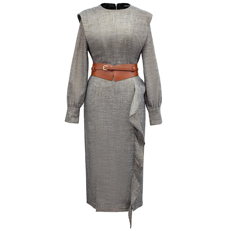 Thumbnail of Tailor Dress With Wide Shoulder And Vertical Ruffle - Golden image