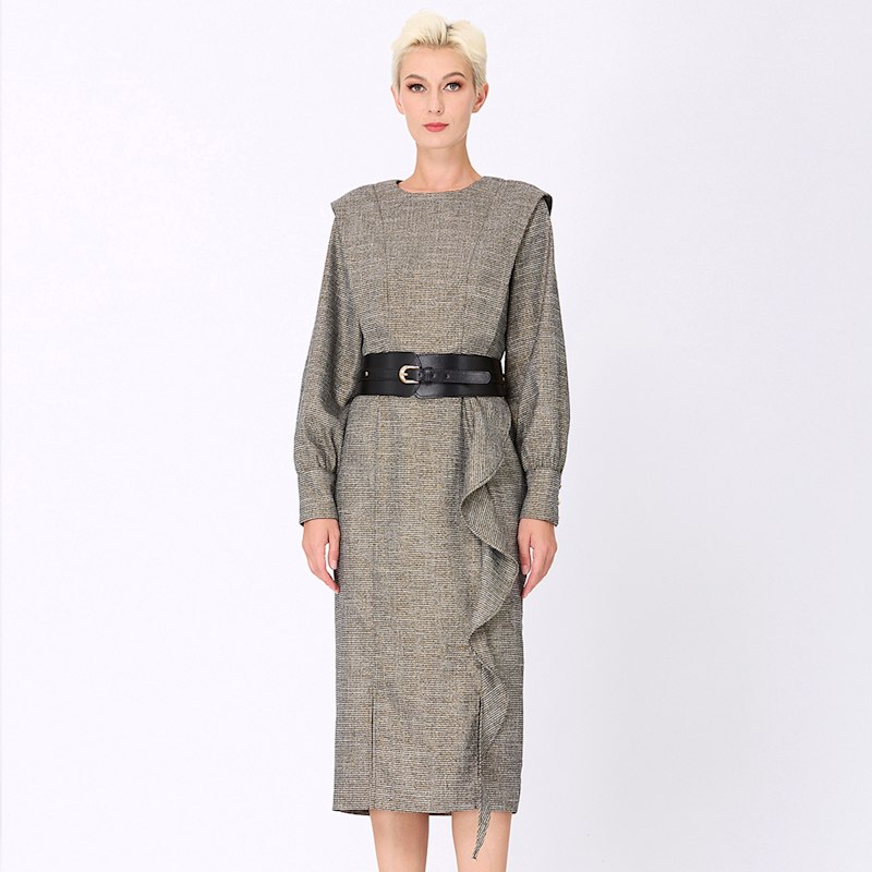 Thumbnail of Tailor Dress With Wide Shoulder And Vertical Ruffle - Golden image