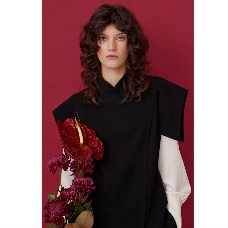 Thumbnail of Tailored Blazer-Style Blouse With Satin Sleeves - Black & Ivory image