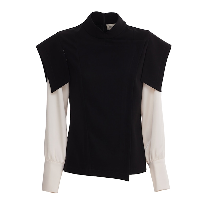 Thumbnail of Tailored Blazer-Style Blouse With Satin Sleeves - Black & Ivory image