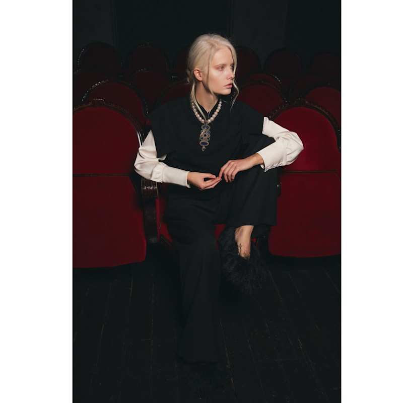 Thumbnail of Tailored Blazer-Style Blouse With Satin Sleeves - Black & Ivory image
