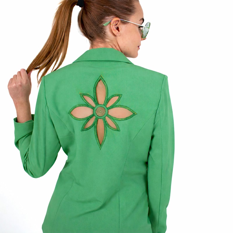 Thumbnail of Tailored Green Blazer Jacket With Embroidery & Lazer Cut Details image