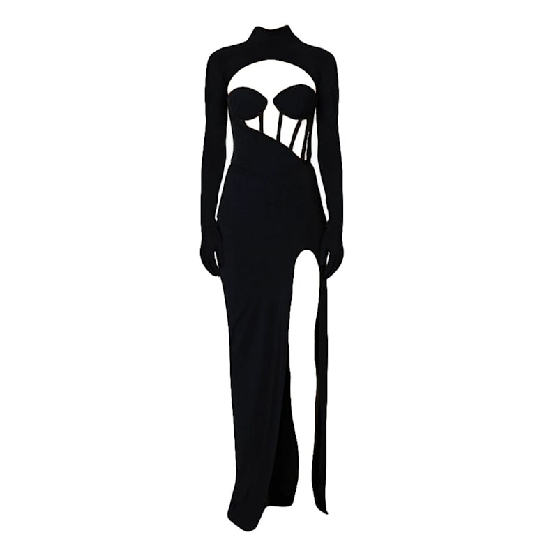black cut out dress with gloves Black Strapless Split Evening Dress With Lace Gloves ZT0369