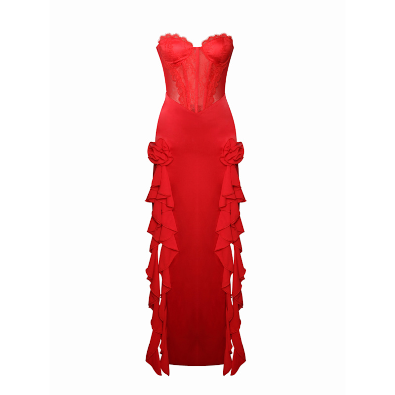 Talia Red Satin Lace Corset Maxi Dress | Miss Circle New York | Wolf &  Badger