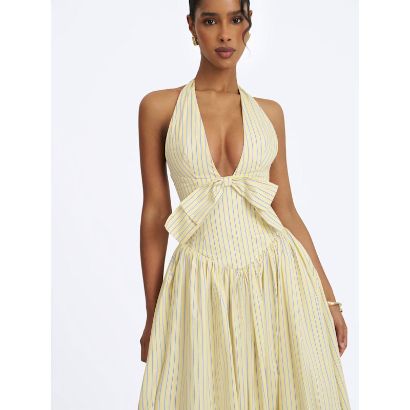 Thumbnail of Talise Lemon Yellow Cotton Poplin Stripe Plunging Halter Maxi Dress image
